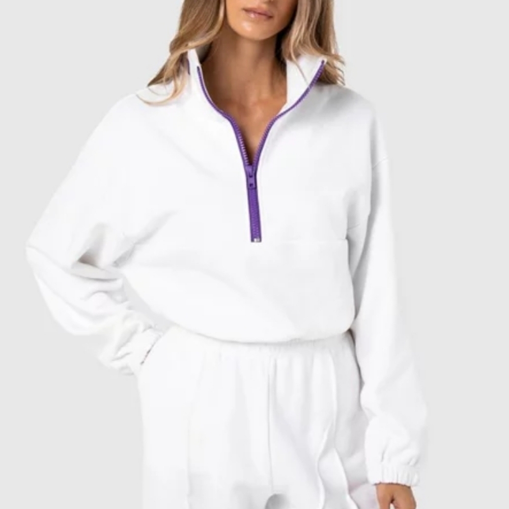 By.Dyln Malibu Cropped Jumper Sweatshirt White Purple Zip XS